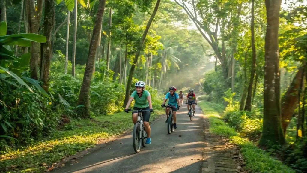 Cycling a shaded lane through the rice country
